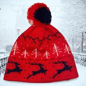 Vermont Originals Beanie Hat 100% Wool Red Reindeer Christmas Winter Scene USA